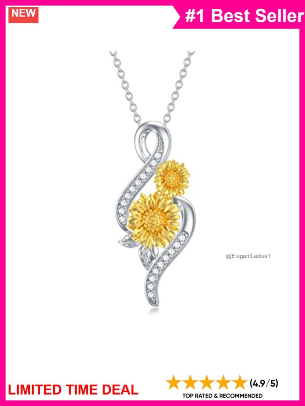 Natural Diamond Sunflower Necklace 18K Gold Plated Sterling Silver Infinity